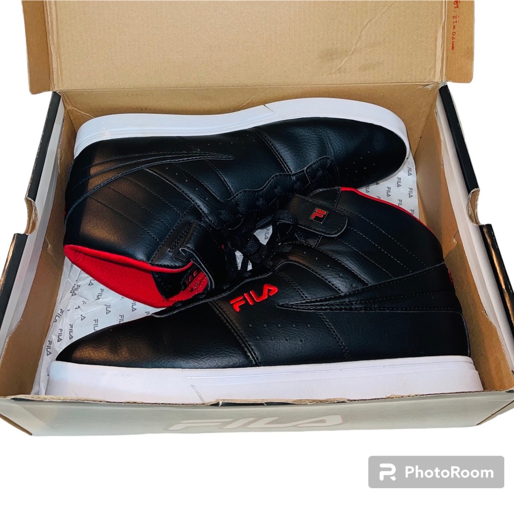 FILA VULC 13 MENS RED AND BLACK HI TOP SNEAKERS